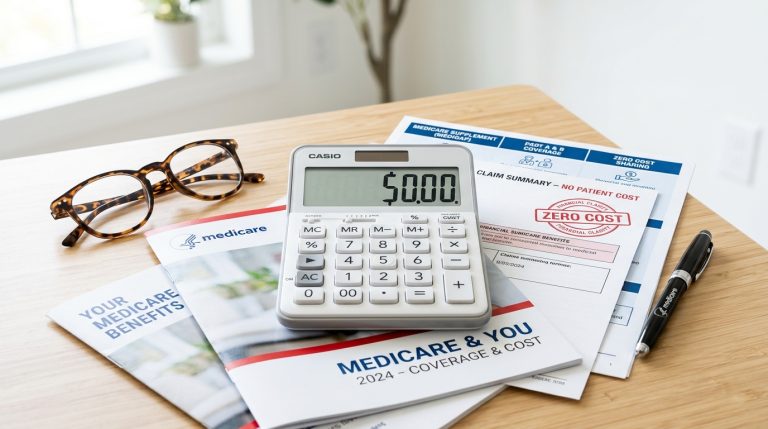 Calculator showing zero dollars on Medicare hospice paperwork