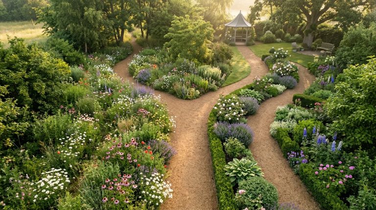 A garden path gently forking into two directions lined with flowers