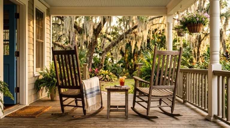 Two rocking chairs on a Florida porch with golden afternoon light