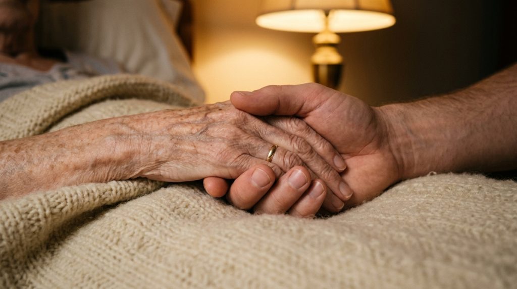 Two hands gently clasped on a soft blanket in warm light