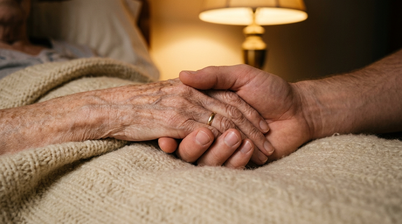 Two hands gently clasped on a soft blanket in warm light